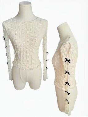 Full Tilt White Sheer Lace Long Sleeve Sweater & Black Ribbons Bows Size Large
